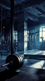 Barbell in moody industrial gym with cinematic backlight.