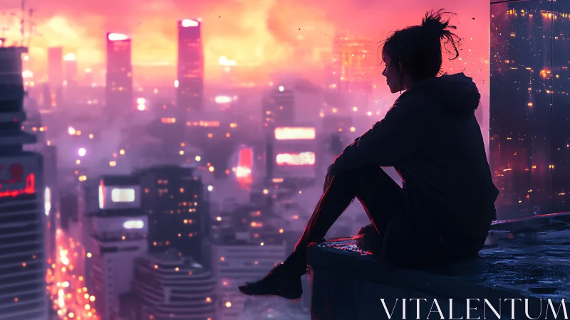 Quiet rooftop daydreams above a glowing sunset cityscape.