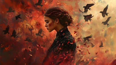 Ember winged solitude around a petal crowned dreamer.