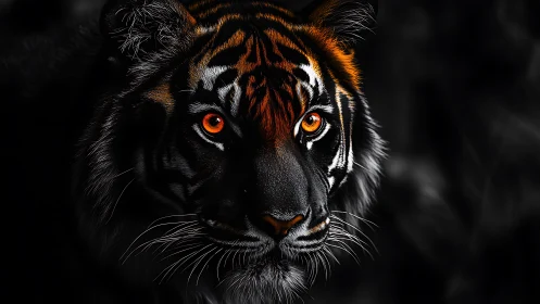 Fierce tiger portrait glows against deep shadowed background