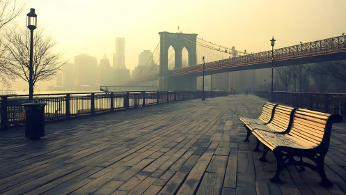 Brooklyn Bridge promenade in hazy early morning light.