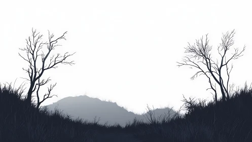 Quiet winter hills with bare trees framing a pale horizon.