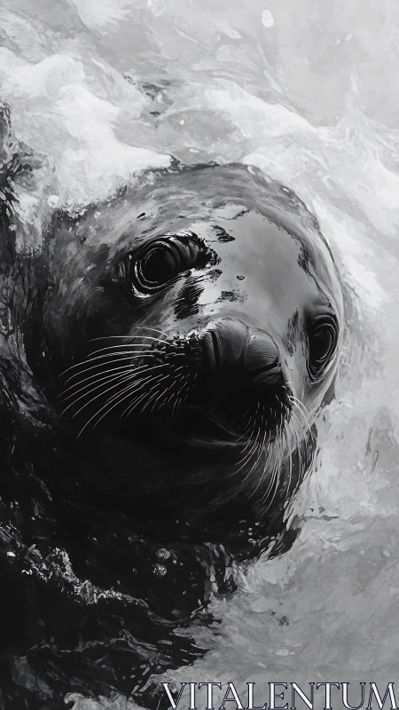 Glistening seal portrait emerging from monochrome surf.