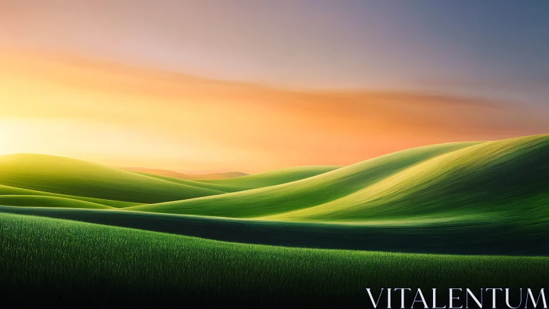 Luminous sunrise over stylized emerald hills and grassland.