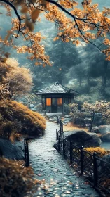 Lantern-lit forest pavilion along a mist-glazed stone path.