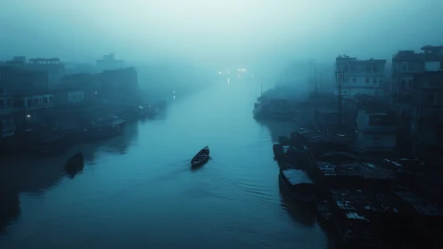 Lone riverboat drifting through cobalt industrial fog.