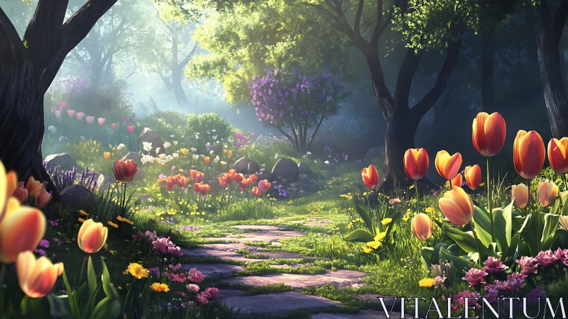 Forested pathway with cultivated tulip and flowering plant arrangements in layered depth composition