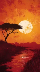 Golden savanna sunset by a quiet winding riverbank.