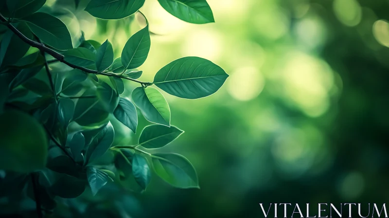 Lush Green Leaves in Soft Sunlight, Nature Photography Style.