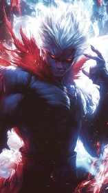 White-haired muscular figure stands in backlit energy field