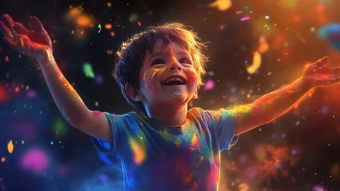 Joyful child celebrates in a burst of glowing color light