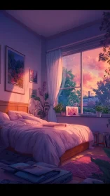 Sunlit bedroom interior catches warm sunset glow