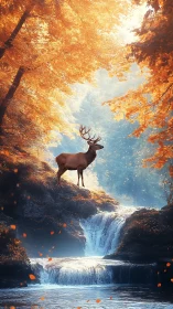 Majestic stag stands over autumn waterfall in glowing forest