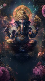 Radiant cosmic Ganesha in swirling jewel-toned light.