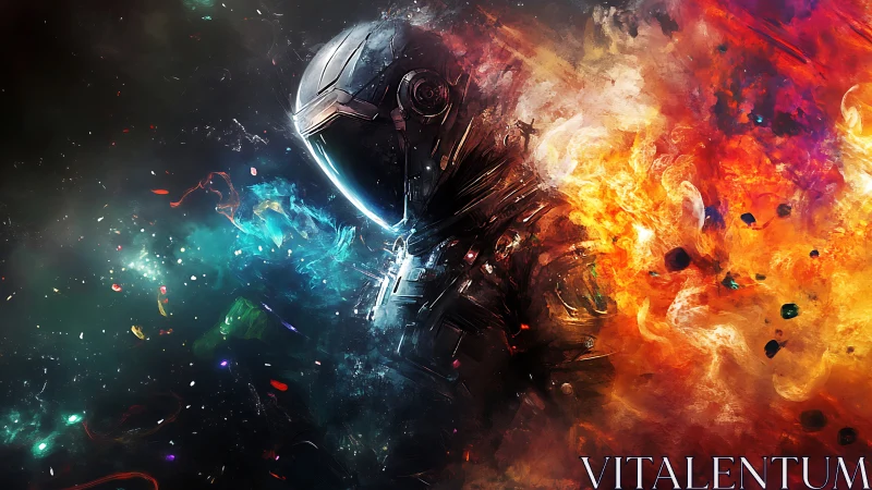 Astronaut profile engulfed in bifurcated cosmic plasma field.