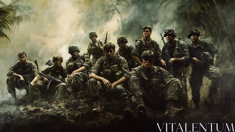 Digital painting of infantry squad in mist-laden jungle theatre.