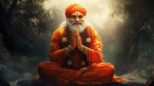 Serene orange-robed guru meditates in a glowing forest sanctuary