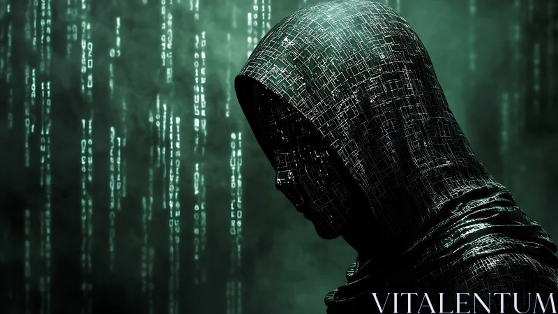 Hooded digital hacker silhouette in green data rain.