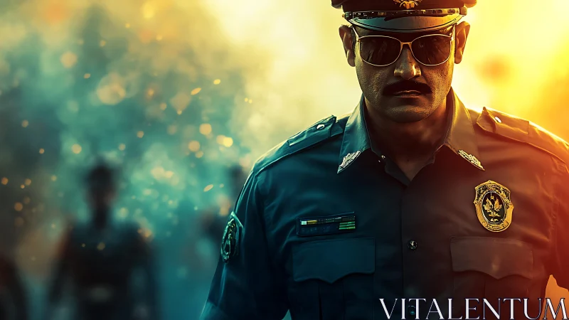 Stoic police officer in dramatic cinematic backlight portrait.