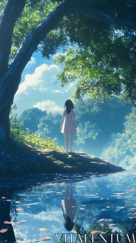 Quiet girl trades secrets with her river mirror beneath trees