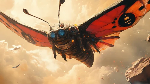 Giant mechanical butterfly flying through glowing sky.