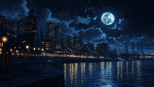 Moonlit harbor skyline hums softly under a sleepless sky