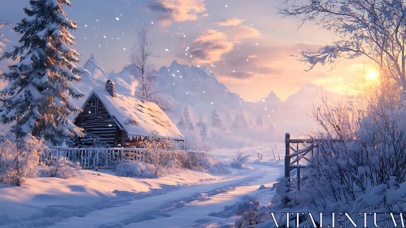 Snow-covered log cabin at sunrise in alpine mountain valley