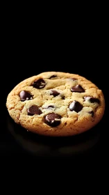 Single chocolate chip cookie rests on glossy black surface