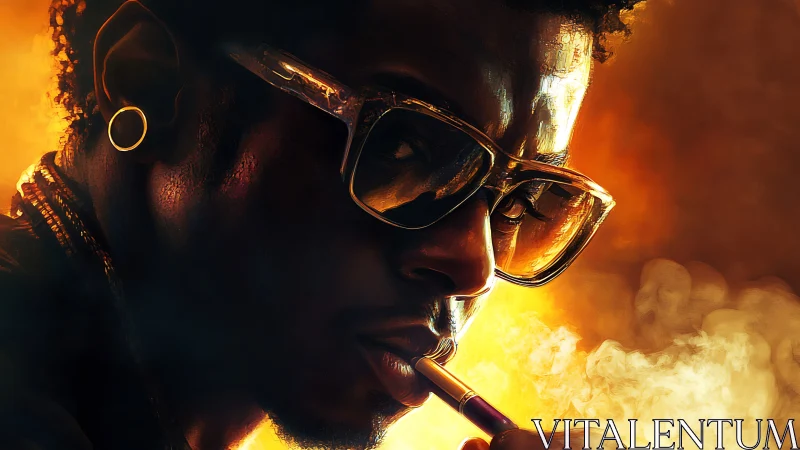 Portrait shows side-lit figure wearing glasses and smoking
