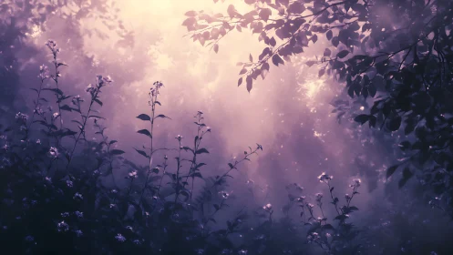 Backlit foliage and wildflowers are silhouetted in diffused light