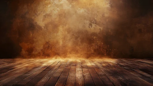 Cinematic wooden stage floor with textured amber backdrop glow