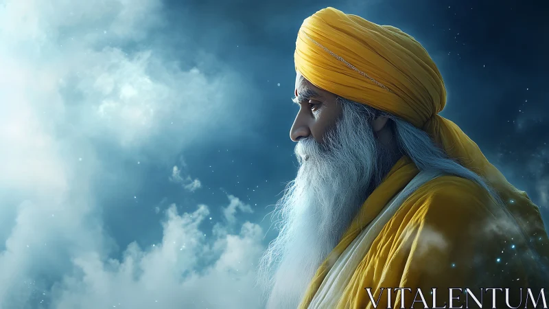 Serene elder in golden turban contemplating amid clouds.