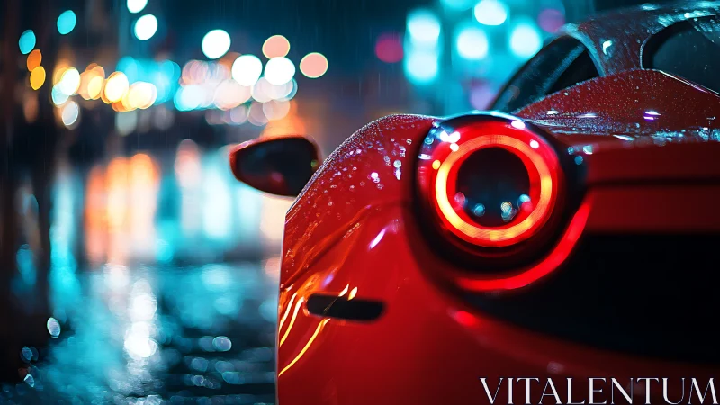 Red sports car tail light glows on wet city street at night