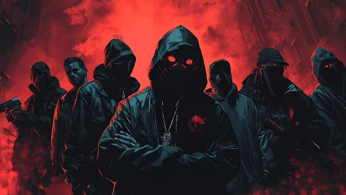 Hooded figures stand in formation against red urban skyline