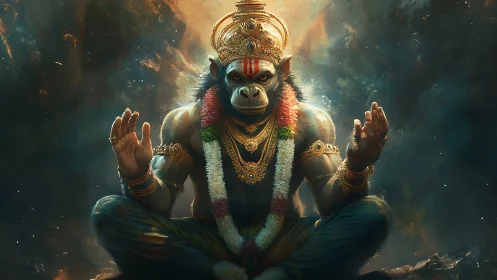 Divine simian deity in meditative lotus pose with ornate regalia