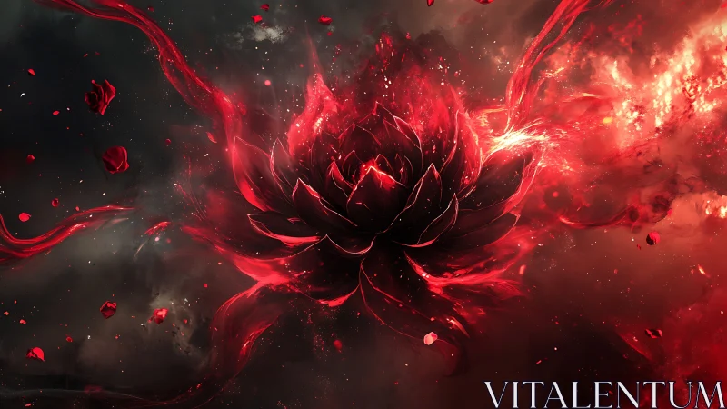Fiery cosmic flower unfurls in swirling red and shadowed light
