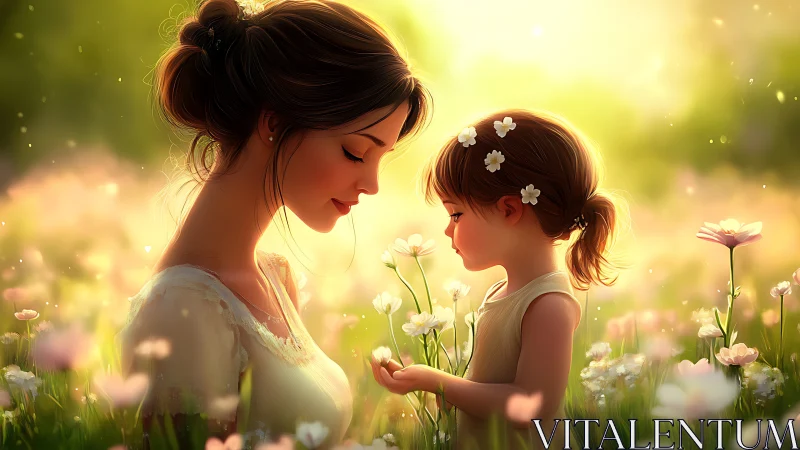 Mother and child in field with flowers and golden light.
