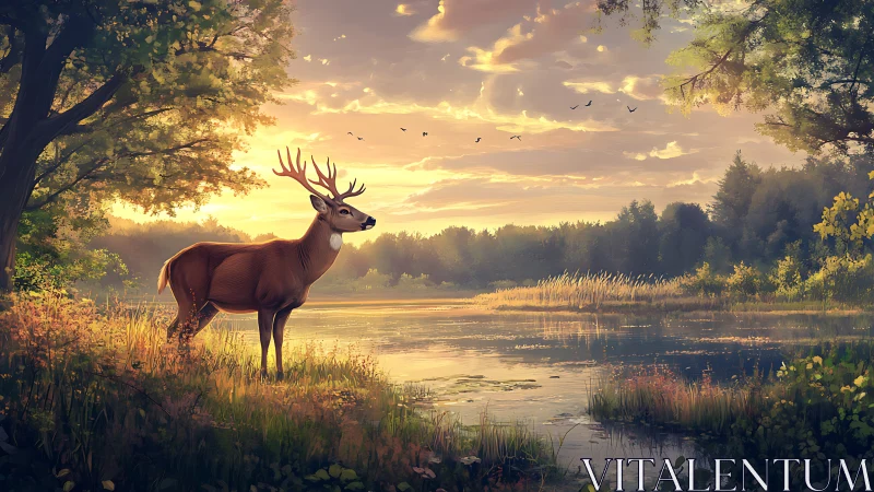 Gentle stag resting by a golden sunset forest lake.