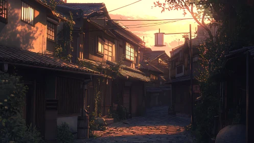 Narrow traditional street sits under warm sunset light