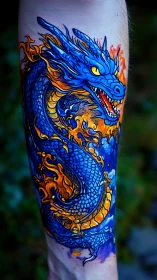 Blue dragon forearm tattoo with vivid orange flames.