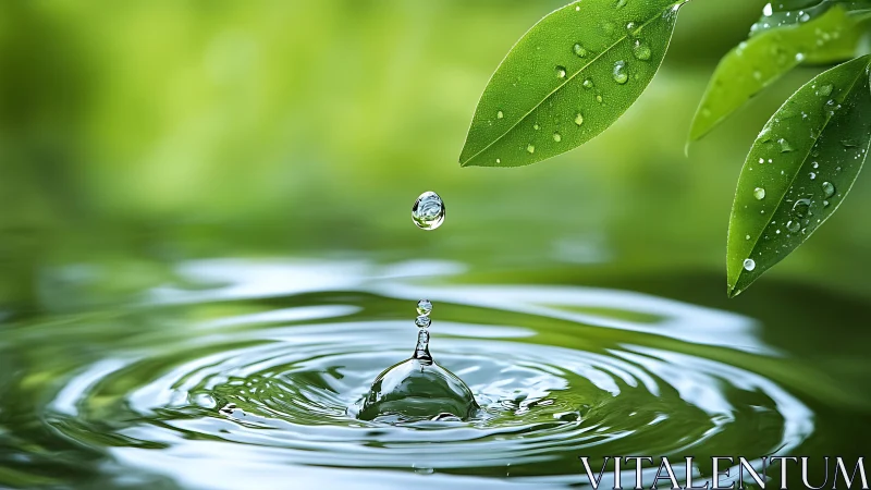 Gentle water droplet lands softly beneath fresh green leaves