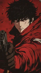 Anime gunfighter portrait in high-contrast red noir style.