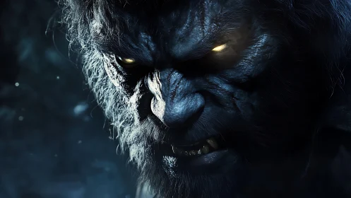 Werewolf snarl under cold moonlight with burning yellow eyes.