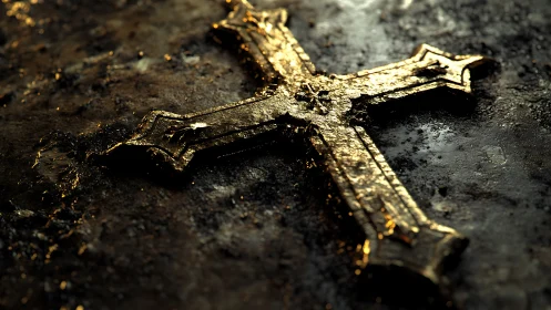 Golden cross rests on weathered stone in quiet, moody light
