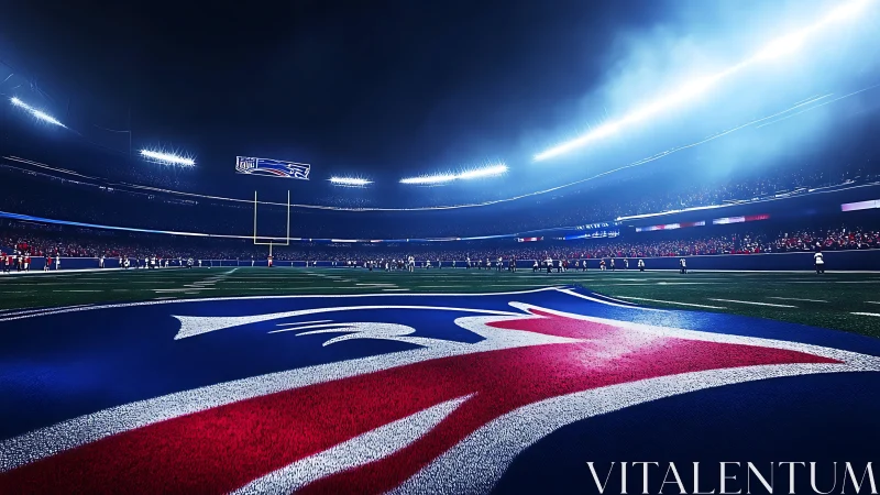 NFL stadium night view with glowing blue field logo