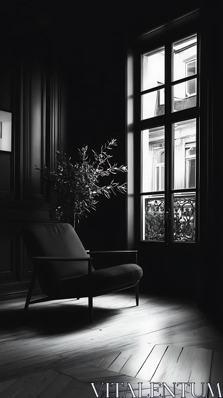 Cozy armchair by a sunlit window in a quiet city nook.