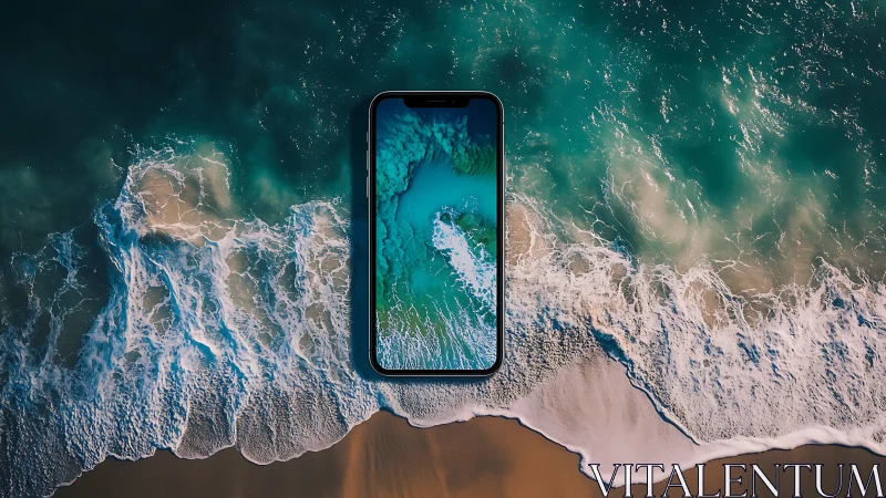 Photorealistic smartphone portal aligned with aerial shoreline geometry.