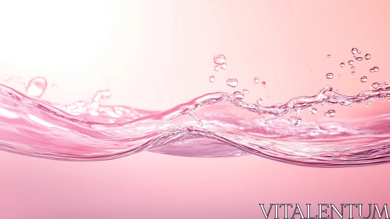 Pink-tinted liquid surface with suspended droplets in motion.