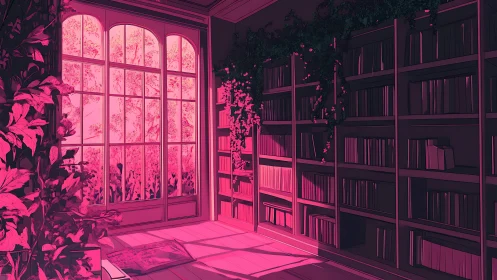 Sunlit pink reading room wrapped in quiet garden calm.