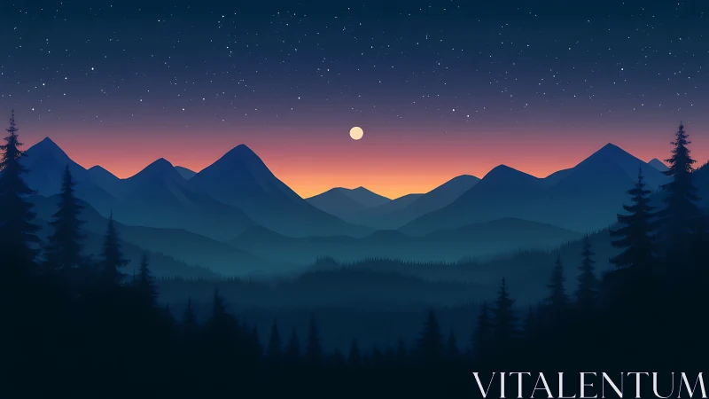 Gentle twilight moonrise above peaceful blue mountain pines.